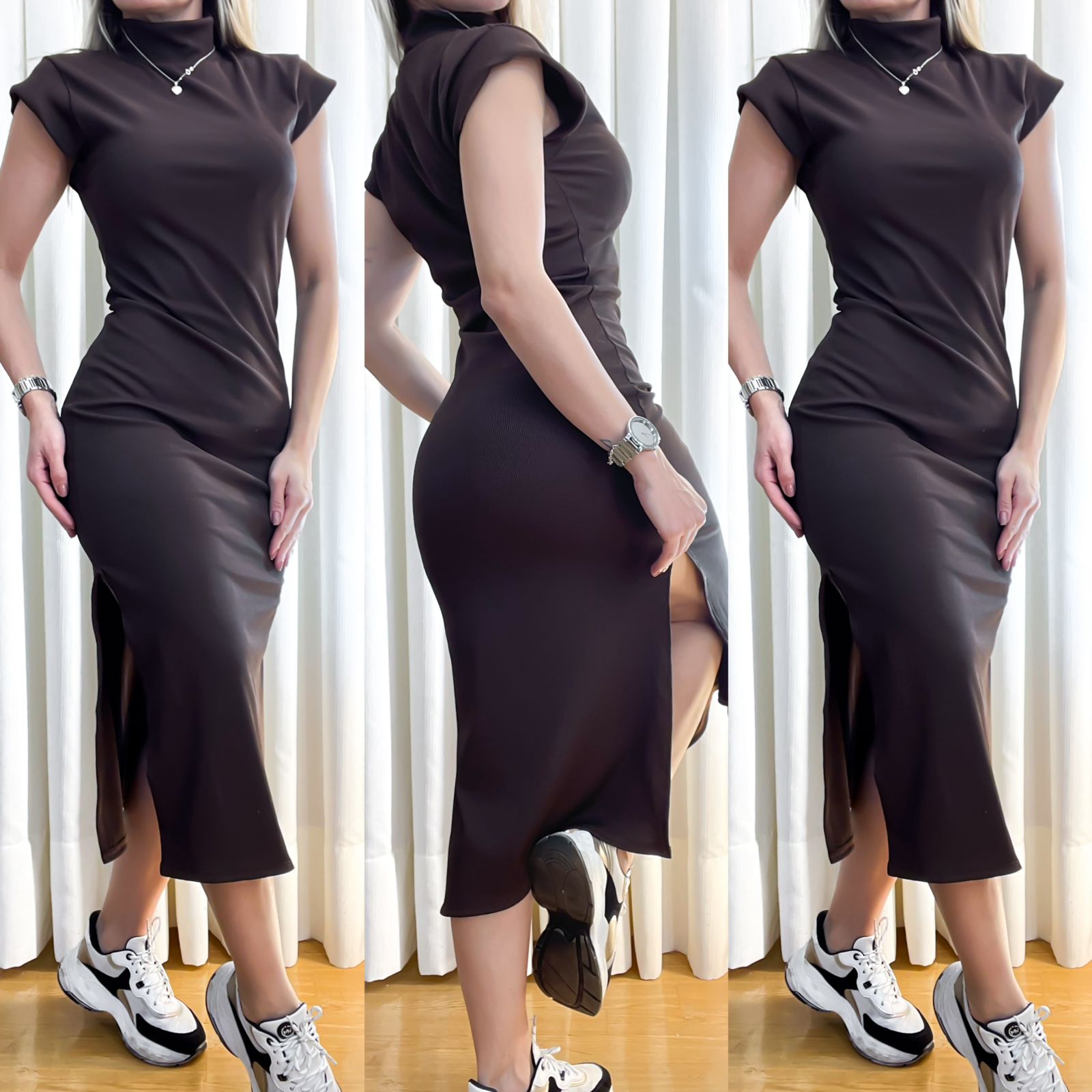 Vestido Feminino Midi em Ribana Manga Muscle com Gola Cintia Ref. 977