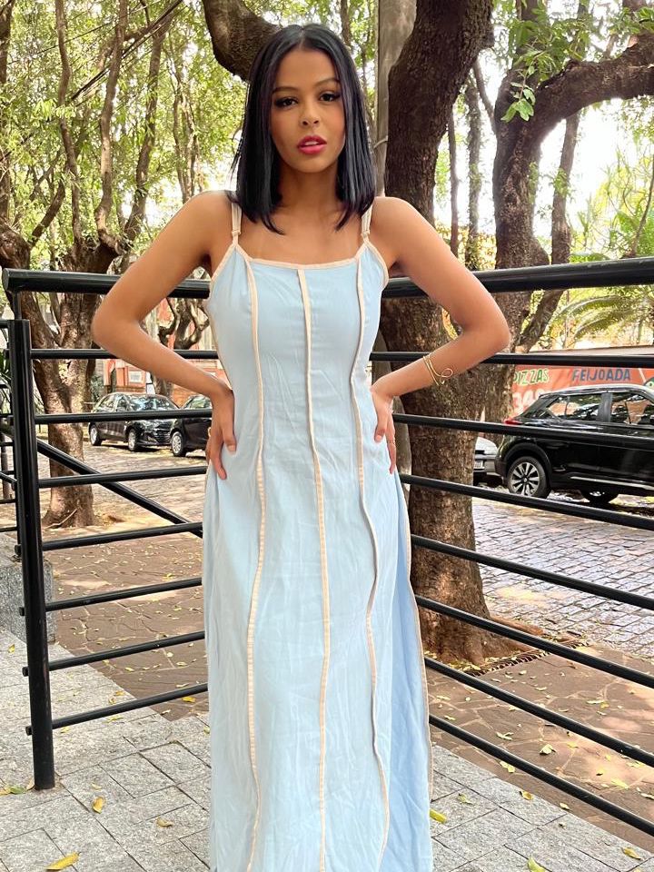 Vestido Longo em Alfaiataria Sensoriale Bicolor de Alça com Amarração Rafaela