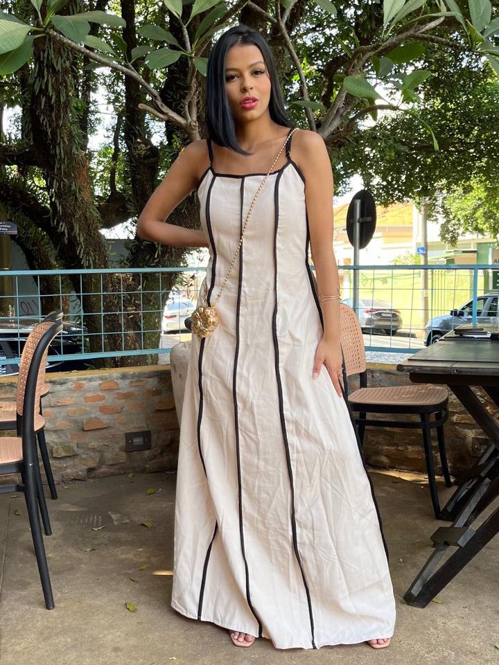 Vestido Longo em Alfaiataria Sensoriale Bicolor de Alça com Amarração Rafaela