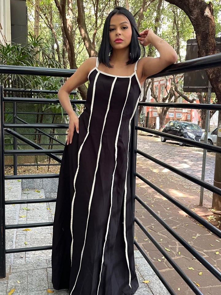 Vestido Longo em Alfaiataria Sensoriale Bicolor de Alça com Amarração Rafaela