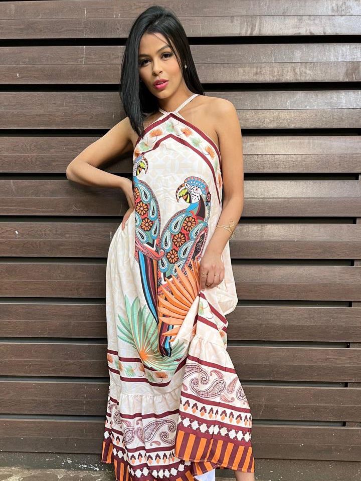 Vestido Longo em Crepe Estampado de Alça Beatriz Ref. 1632