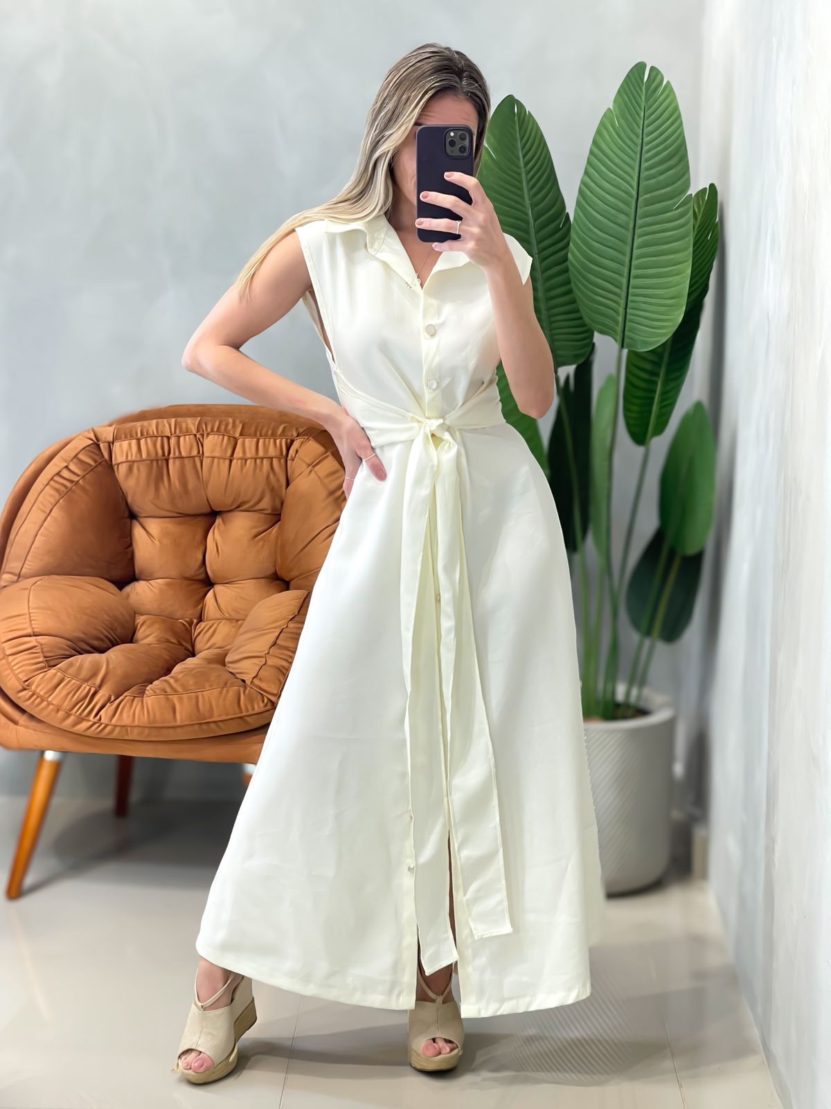 Vestido Longo em Alfaiataria Sensoriale com Botões e Amarração Juliete Ref. 1