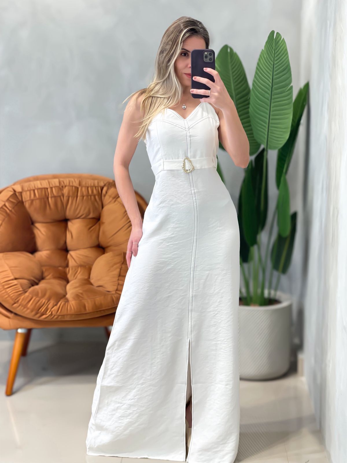 Vestido Longo em Alfaiataria Sensoriale de Alça com Fenda Edvania Ref. 1629