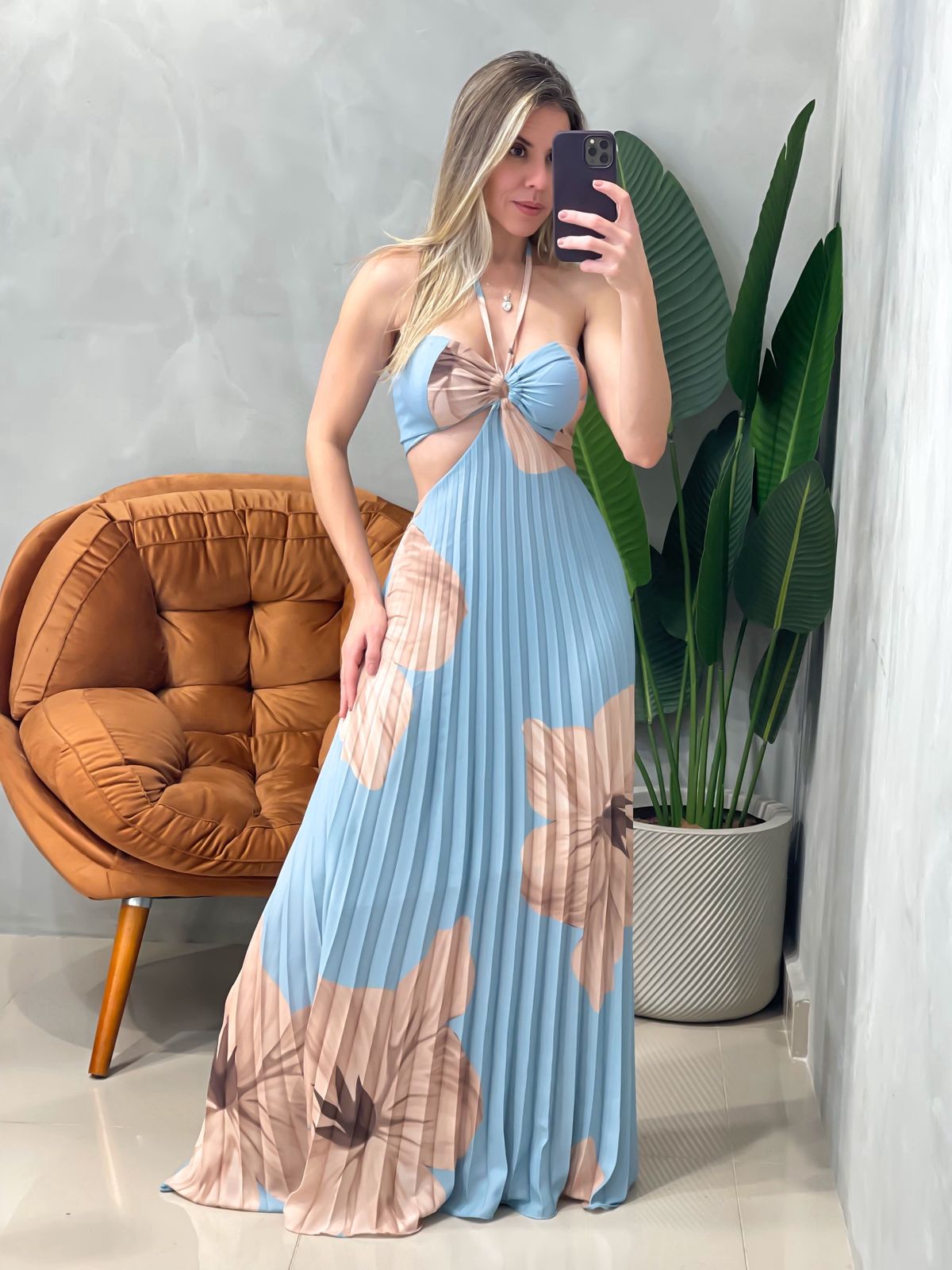 Vestido Longo em Crepe Plissado com Amarração Estampado Shayane Ref. 1674