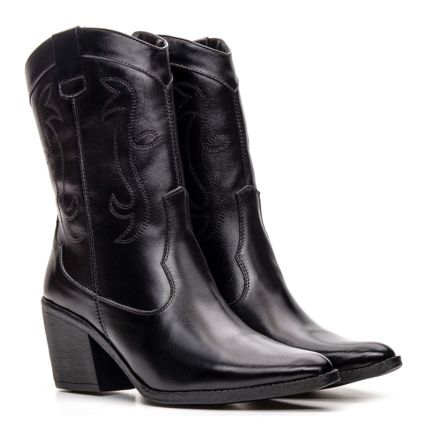 Botas Femininas Texanas Cano Médio Couro Preto