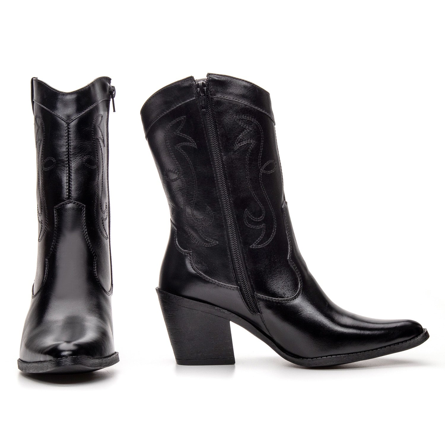 Botas Femininas Texanas Cano Médio Couro Preto