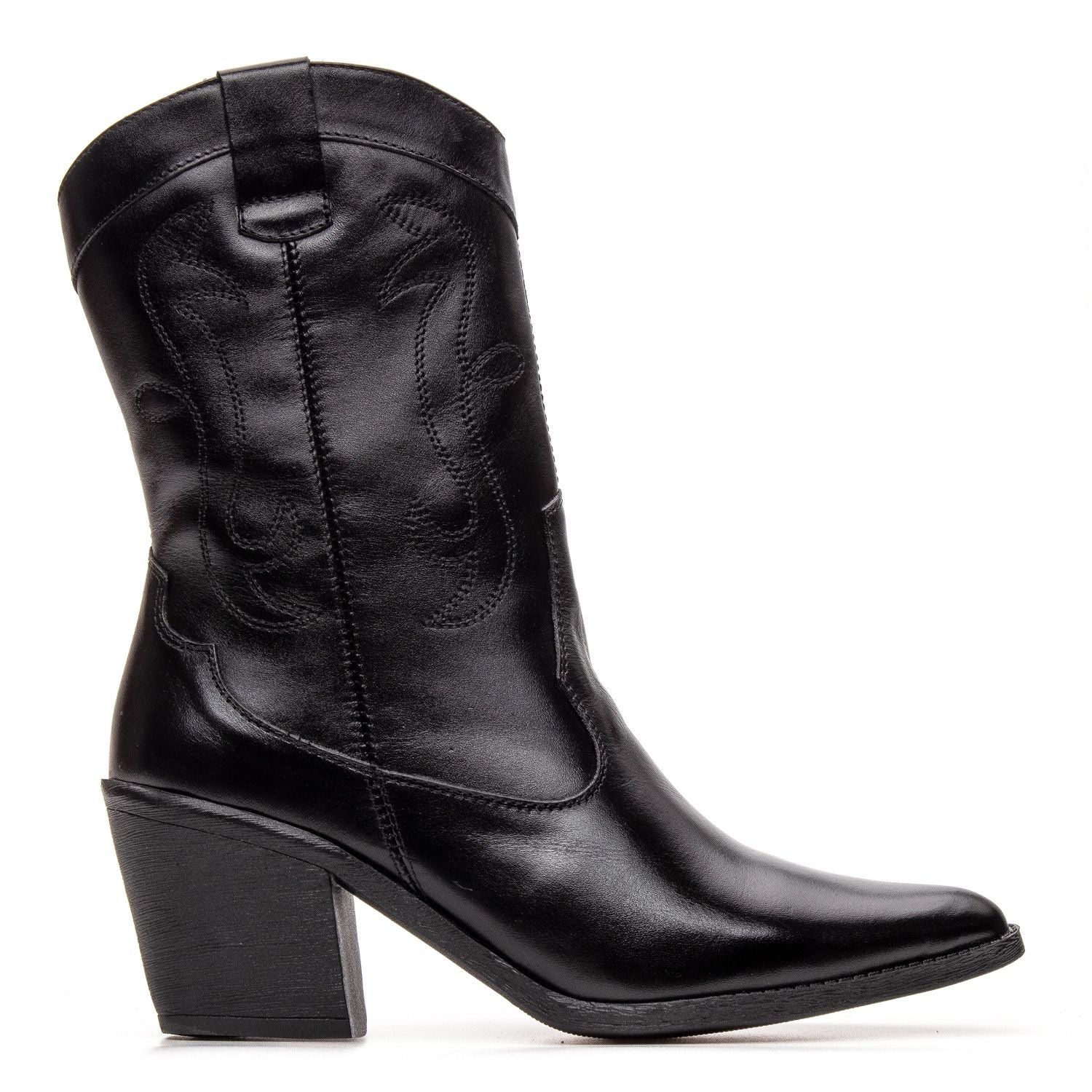 Botas Femininas Texanas Cano Médio Couro Preto