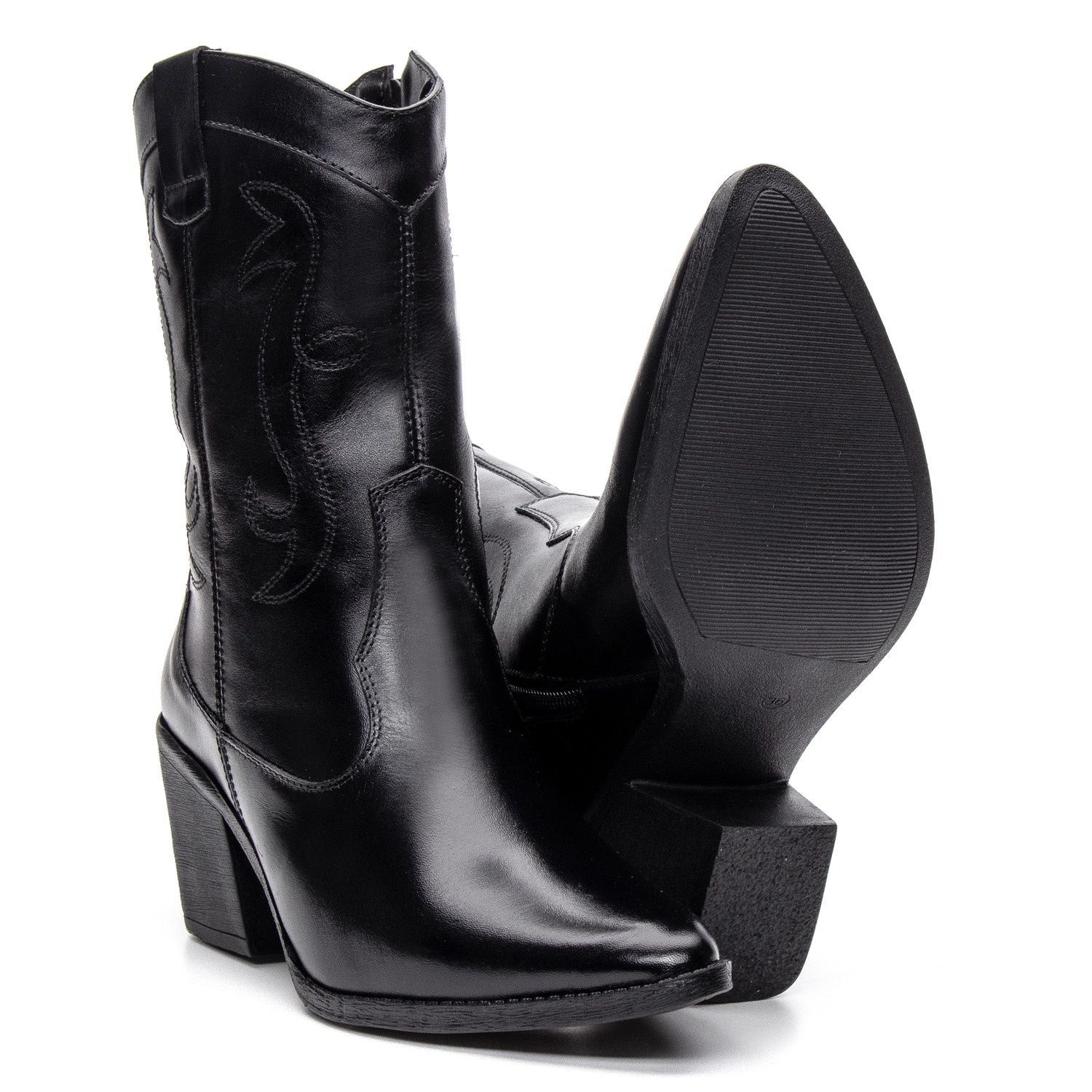 Botas Femininas Texanas Cano Médio Couro Preto