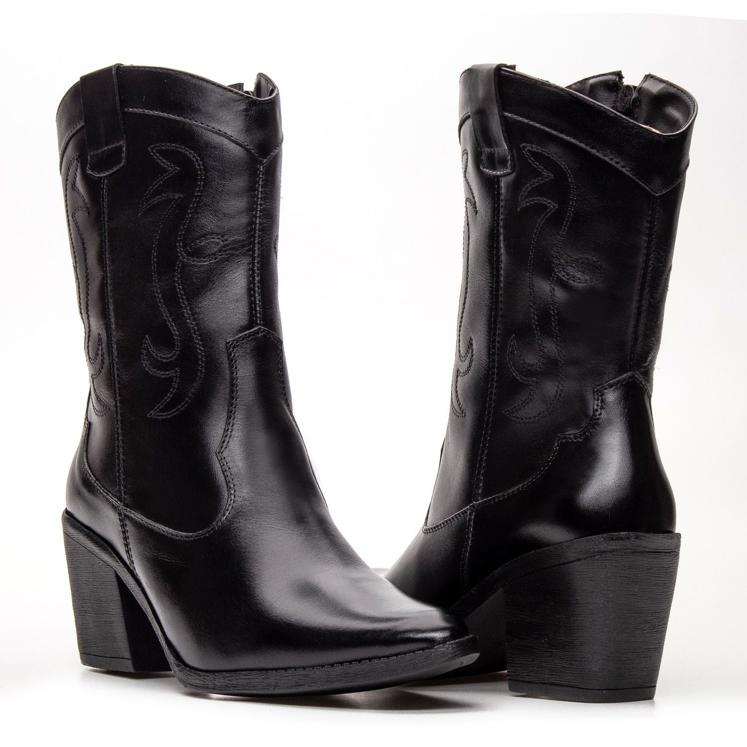 Botas Femininas Texanas Cano Médio Couro Preto