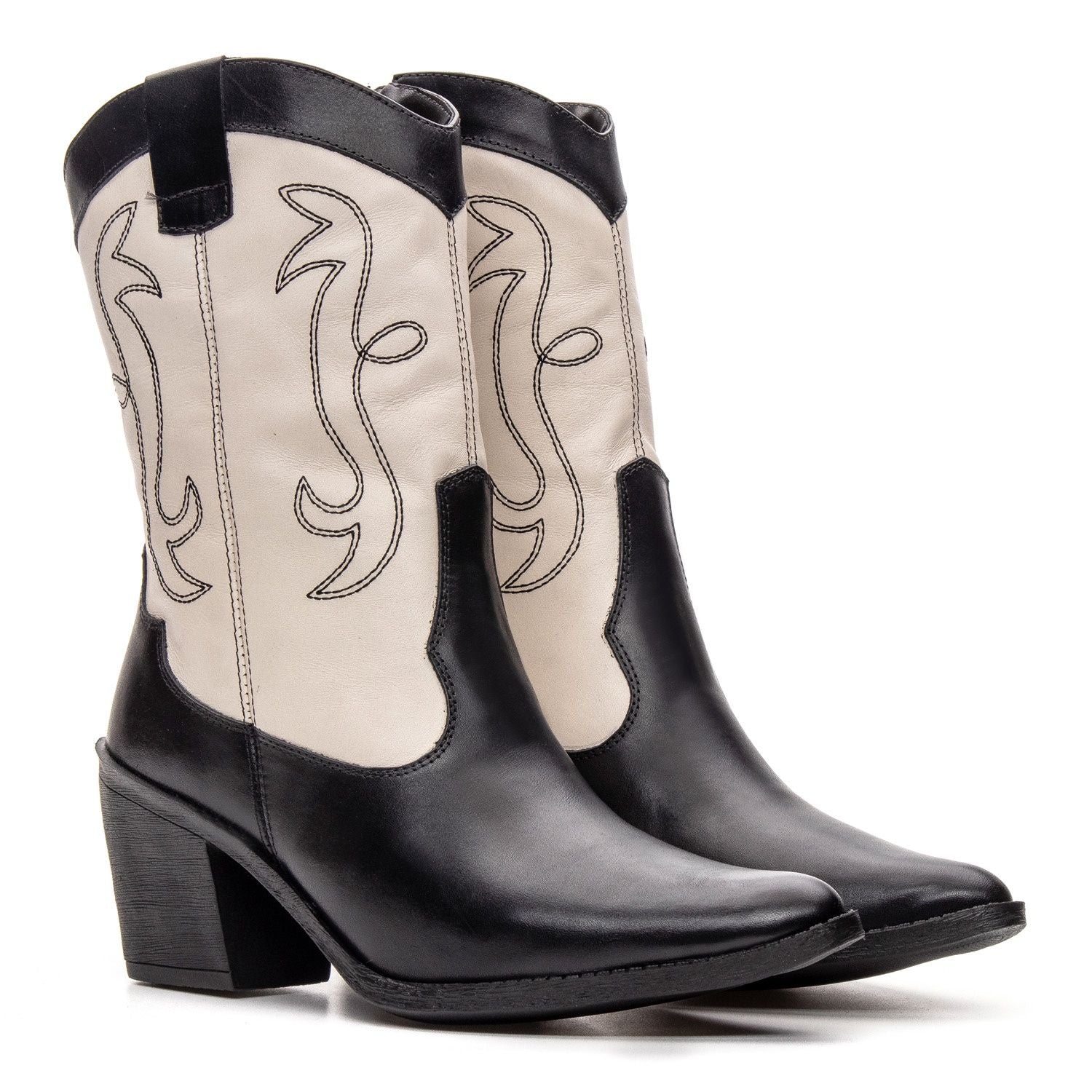 Botas Femininas Texanas Cano Médio Couro Preto e Off White