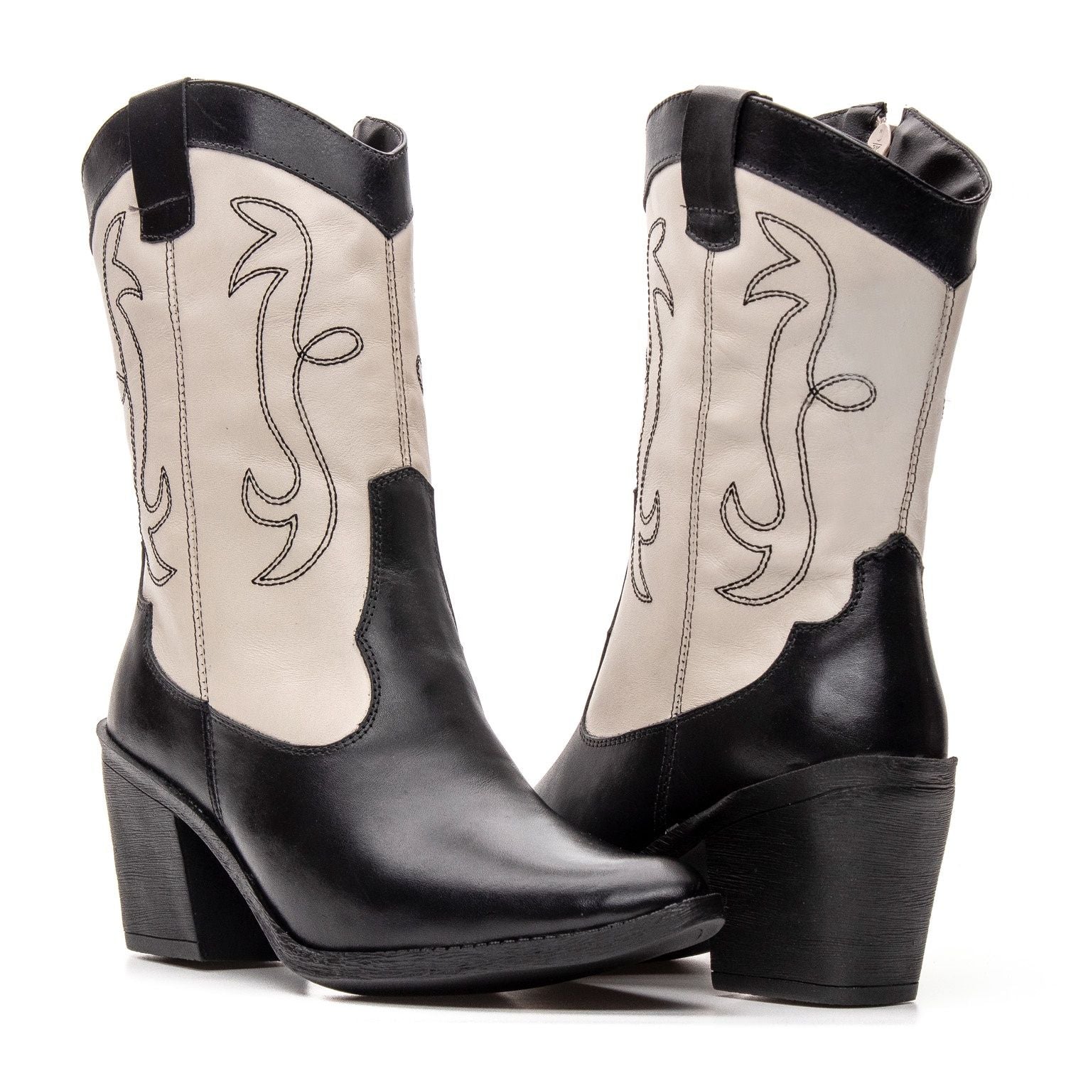 Botas Femininas Texanas Cano Médio Couro Preto e Off White