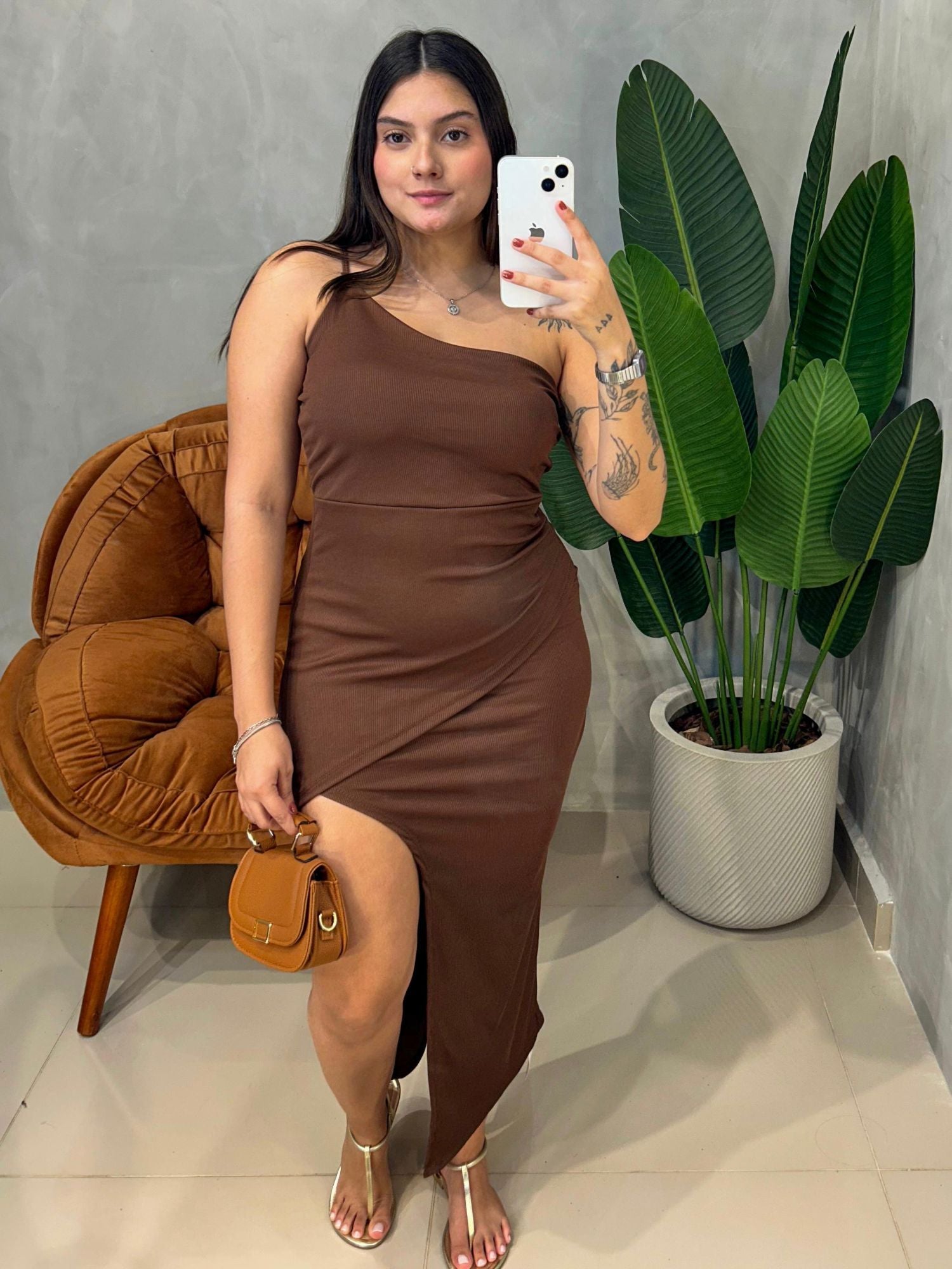 Vestido Midi em Ribana Alça Única Transpassado Roberta Ref. 1762