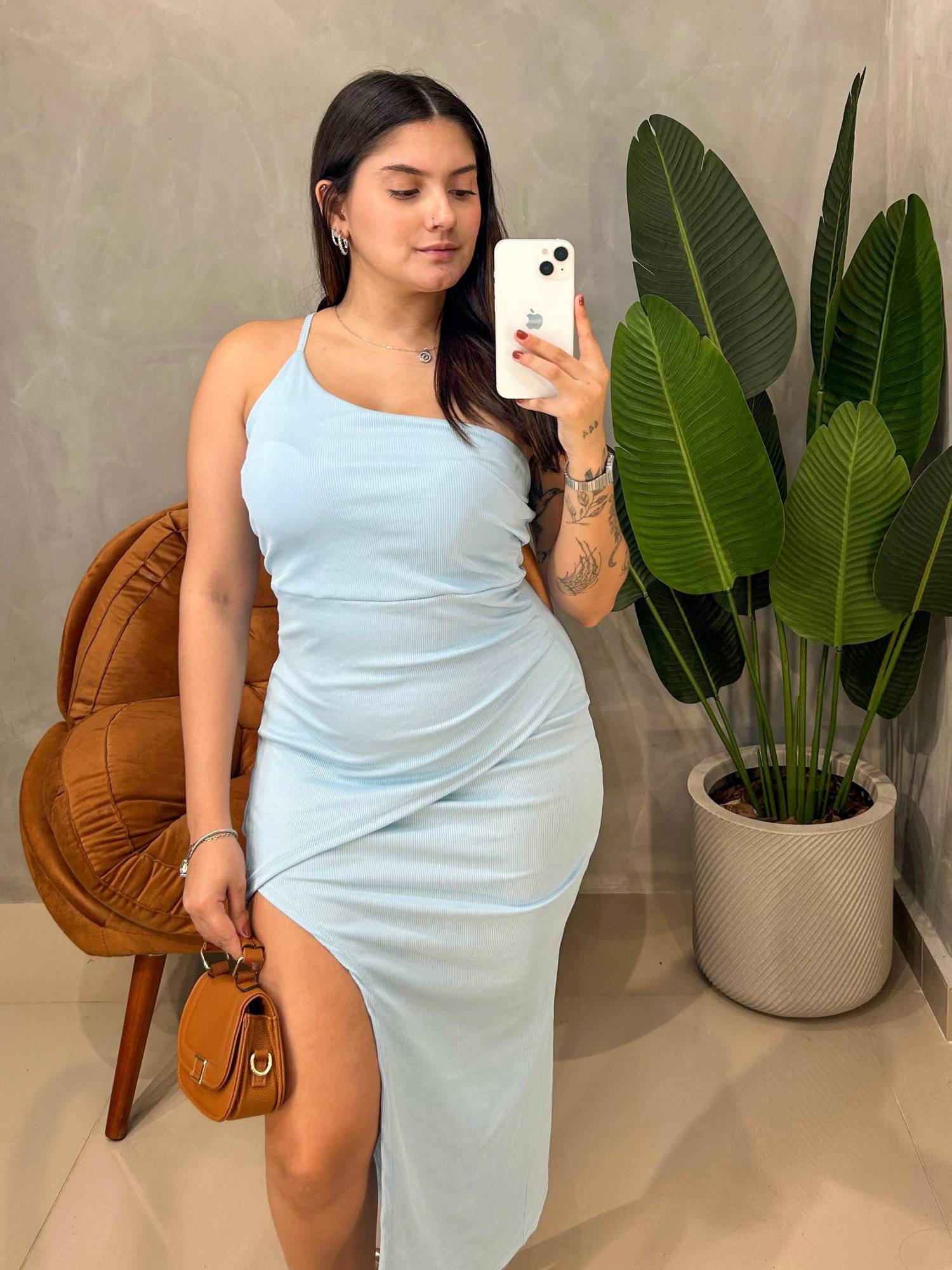 Vestido Midi em Ribana Alça Única Transpassado Roberta Ref. 1762