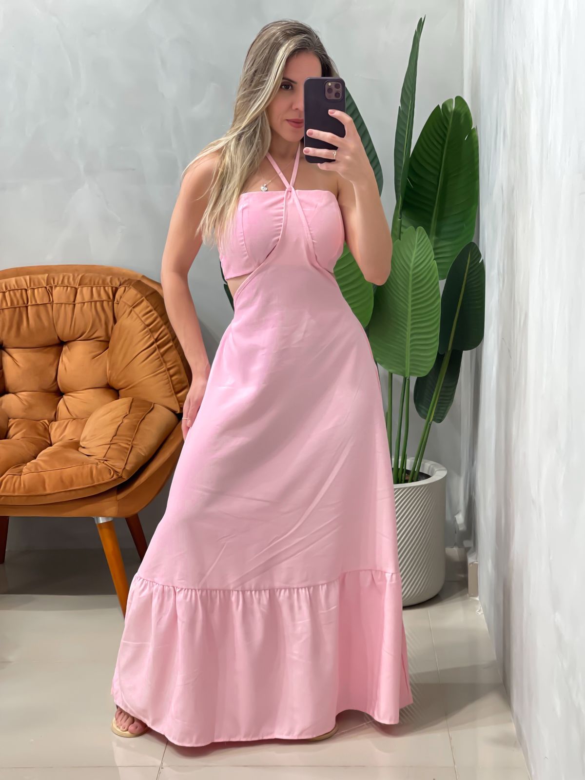 Vestido Longo em Crepe Costas Nua com Amarração Alice Ref. 1779
