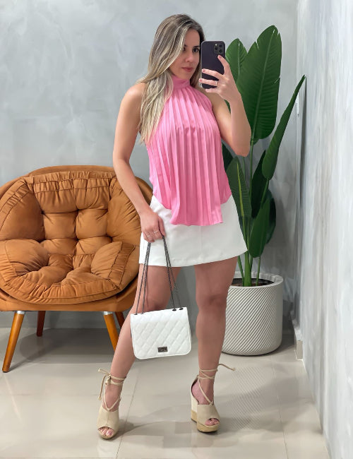 Blusa em Crepe Plissada com Gola e Amarração Giovana