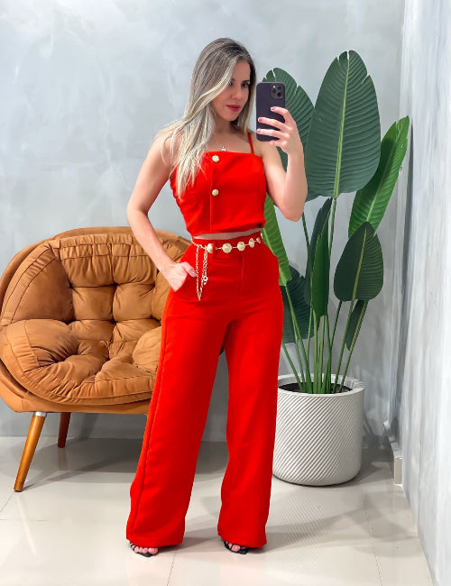 Conjunto de Calça Pantalona e Cropped Bianca Alfaiataria