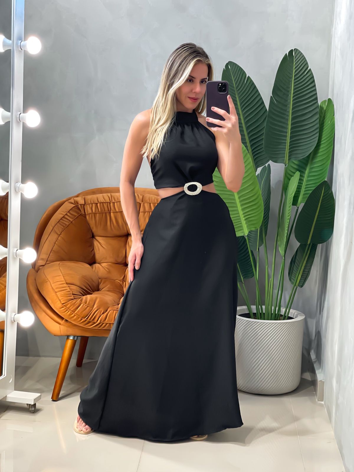 Vestido Longo em Duna Frente Única com Fivela Ligia Ref. 1814