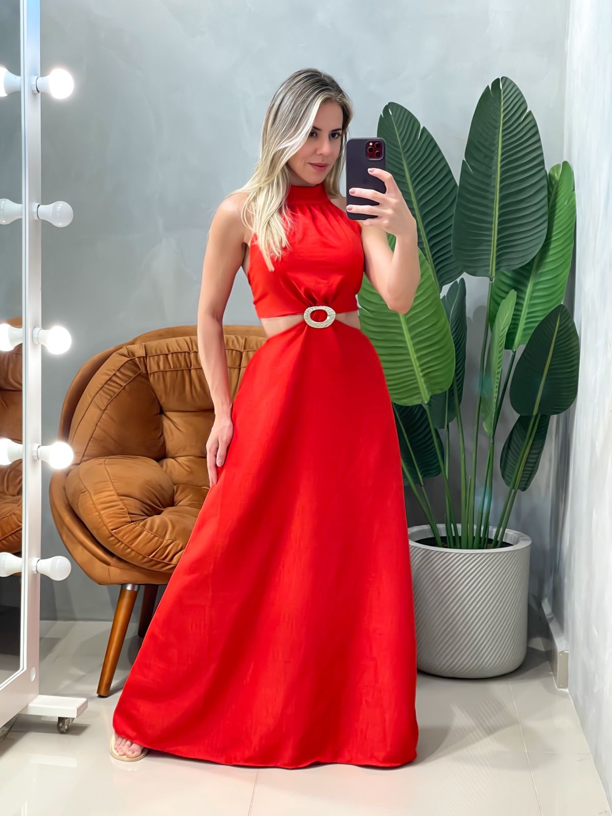 Vestido Longo em Duna Frente Única com Fivela Ligia Ref. 1814